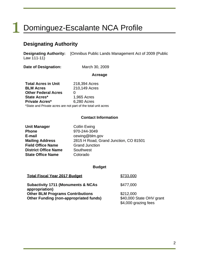 Interior page — NCA profile with budget tables